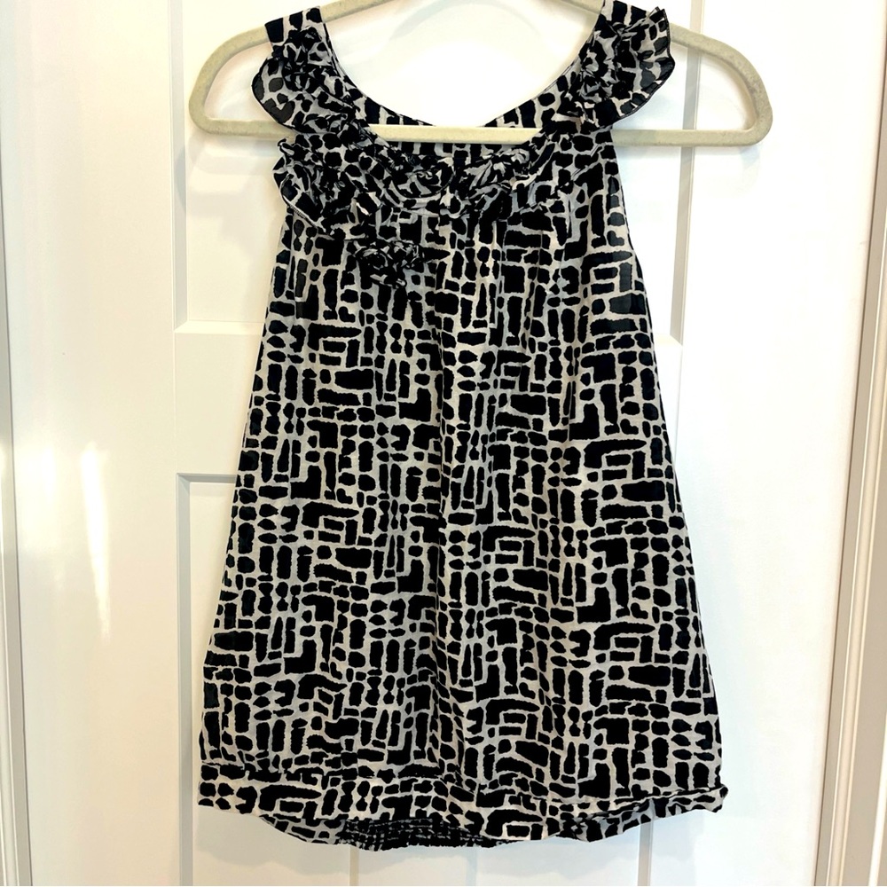 Ann Taylor Loft Tank Top Women White Black Geometric Print Sleeveless Sz Medium